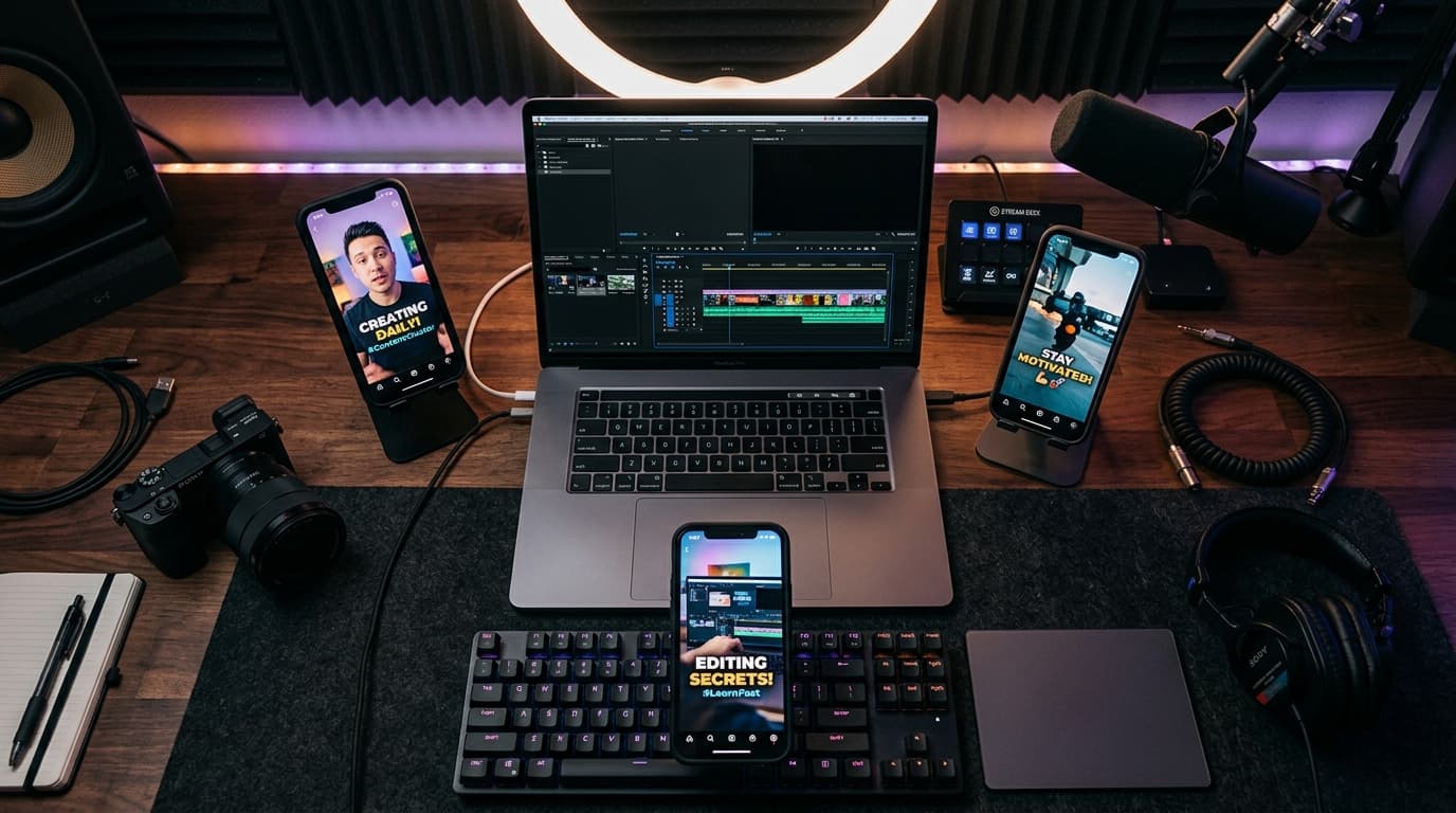 An overhead view of a creator's desk: a laptop editing a long video timeline, surrounded by phones each showing a different vertical clip